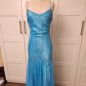 VINTAGE Y2K DZ Nights by Laura Ryner Aqua Beaded Formal Dress Gown Size 3/4 Prom
